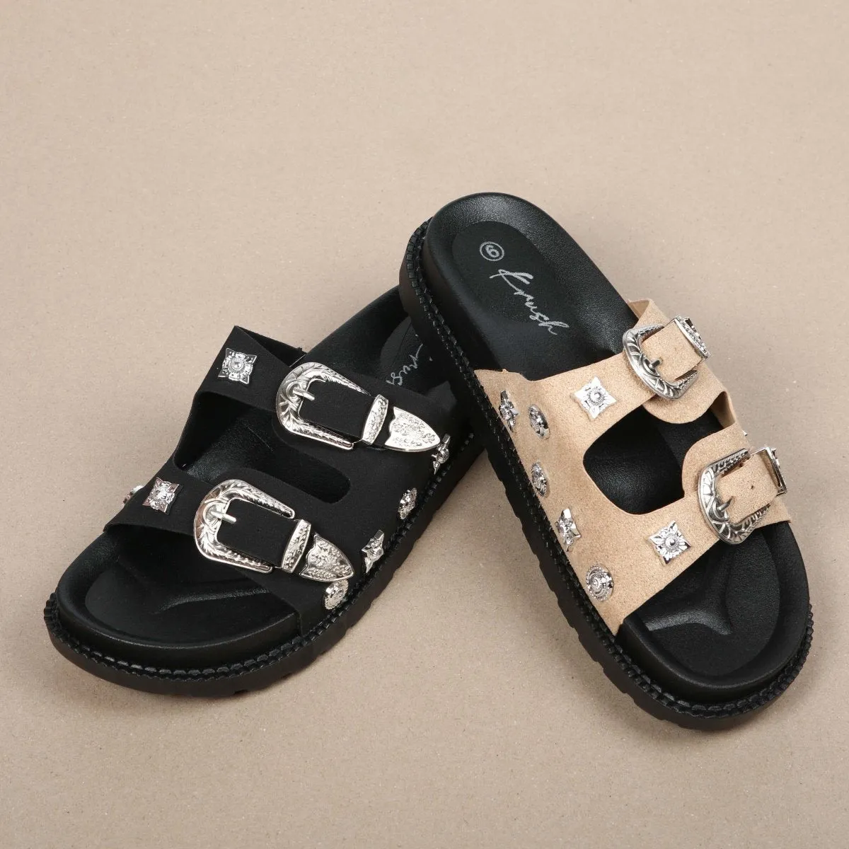 Black Western Double Strap Sliders