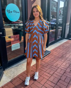 Brown/Blue Mixed Line V-Neck Mini Dress