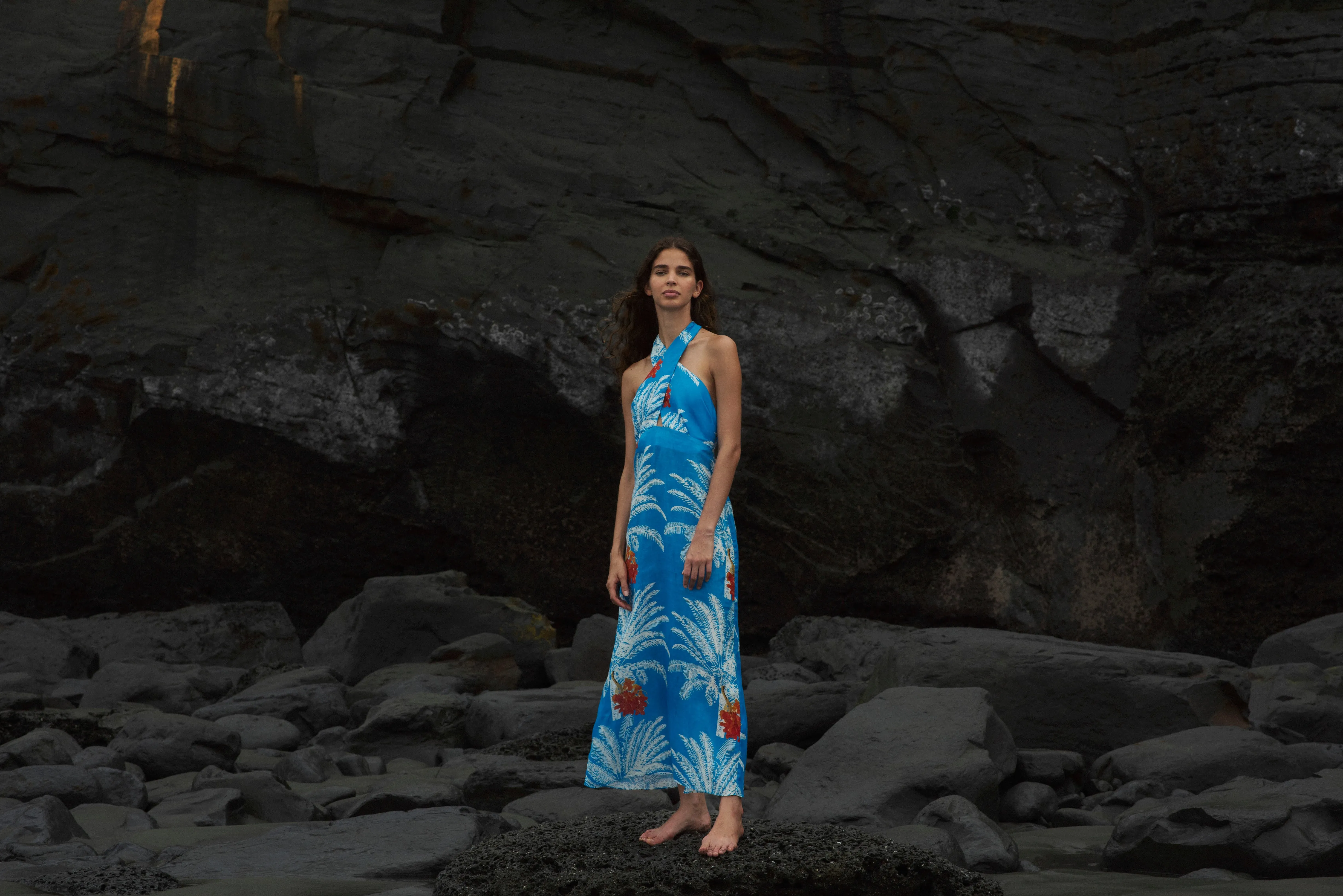 Costa del Sol Linen Maxi Dress / Turquoise Palms