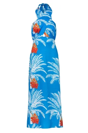 Costa del Sol Linen Maxi Dress / Turquoise Palms
