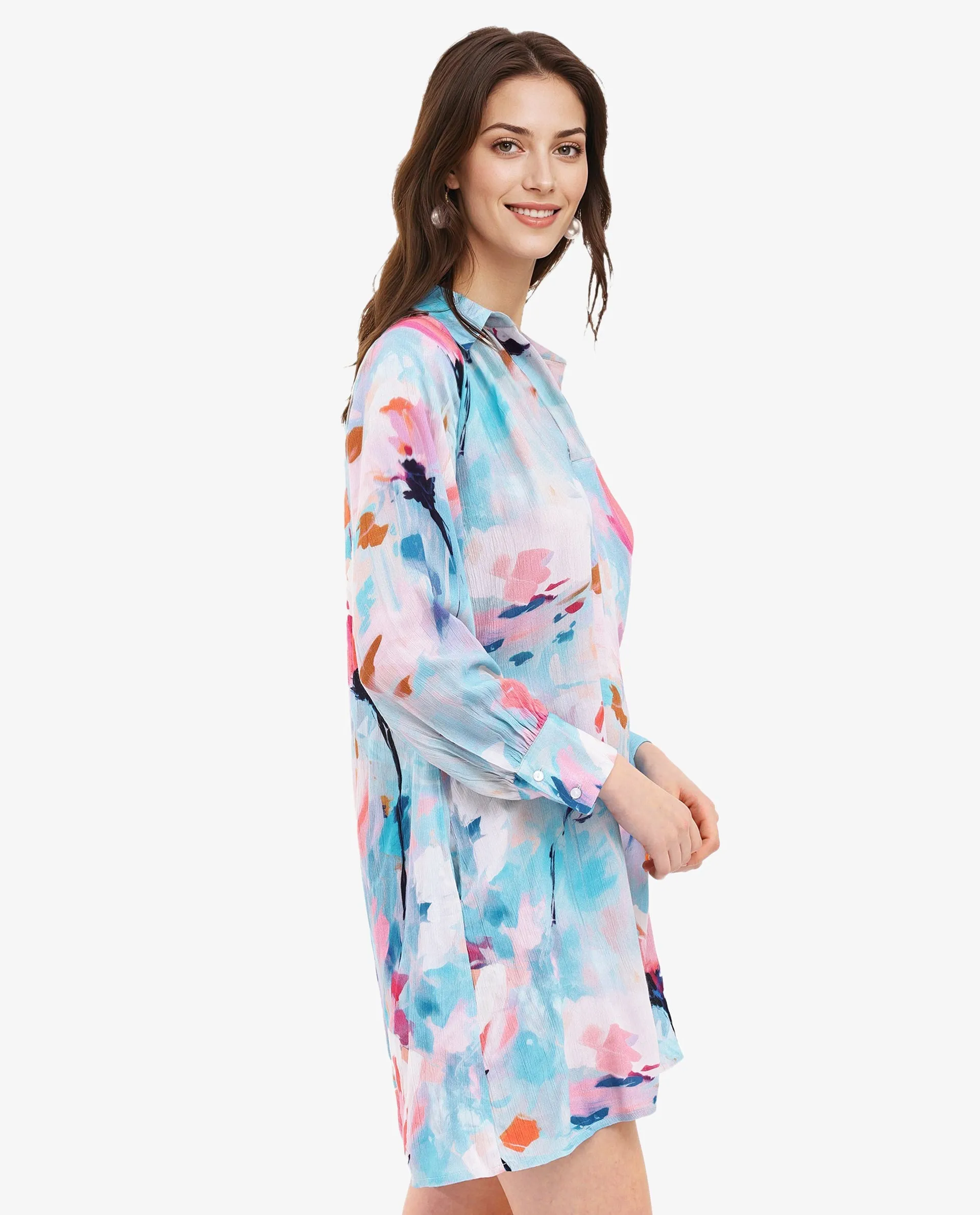 Rareism Women Wadd Flouroscent Multi Viscose Fabric Full Sleeve Collared Neck Button Closure Abstract Print Regular Fit Dress