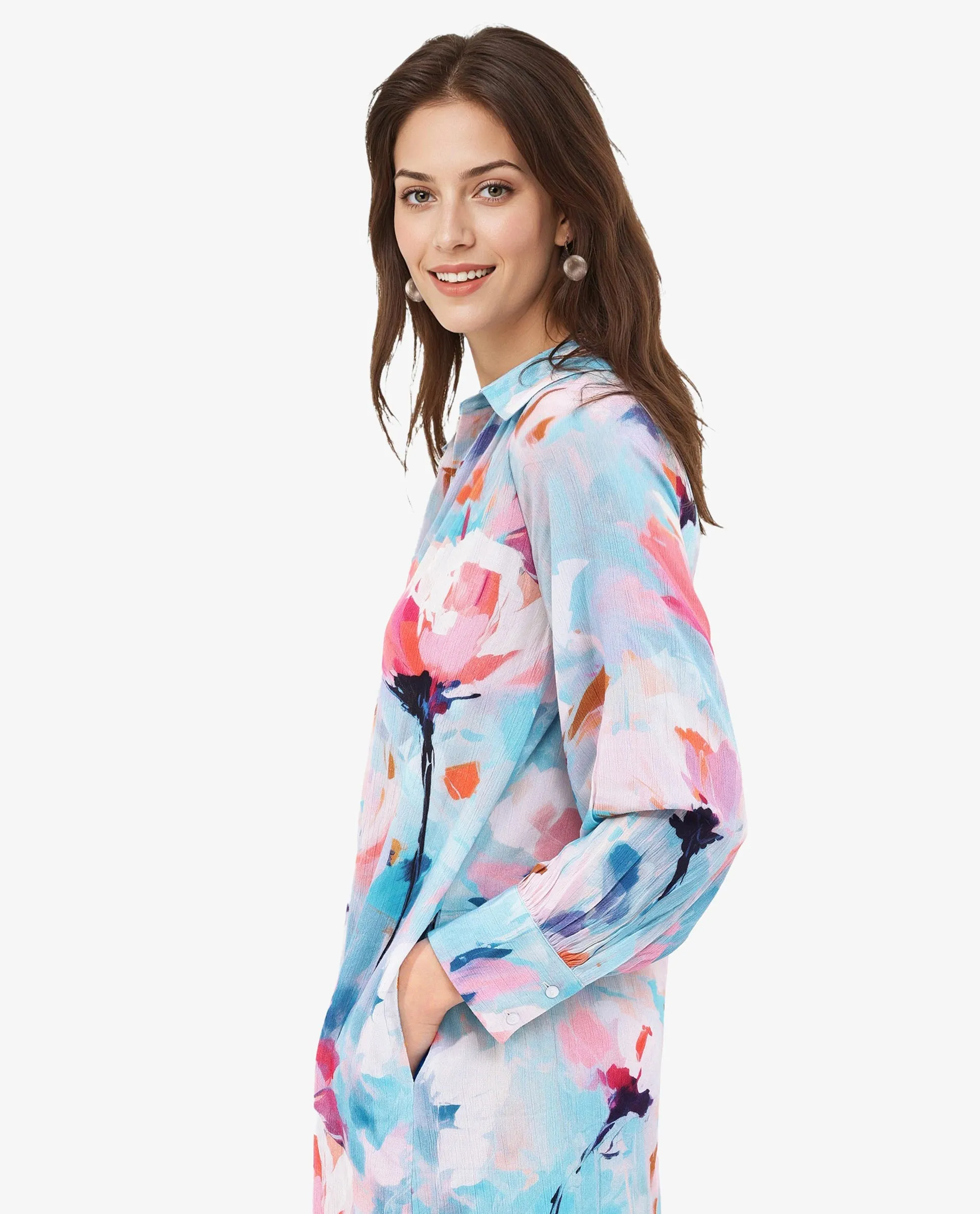 Rareism Women Wadd Flouroscent Multi Viscose Fabric Full Sleeve Collared Neck Button Closure Abstract Print Regular Fit Dress