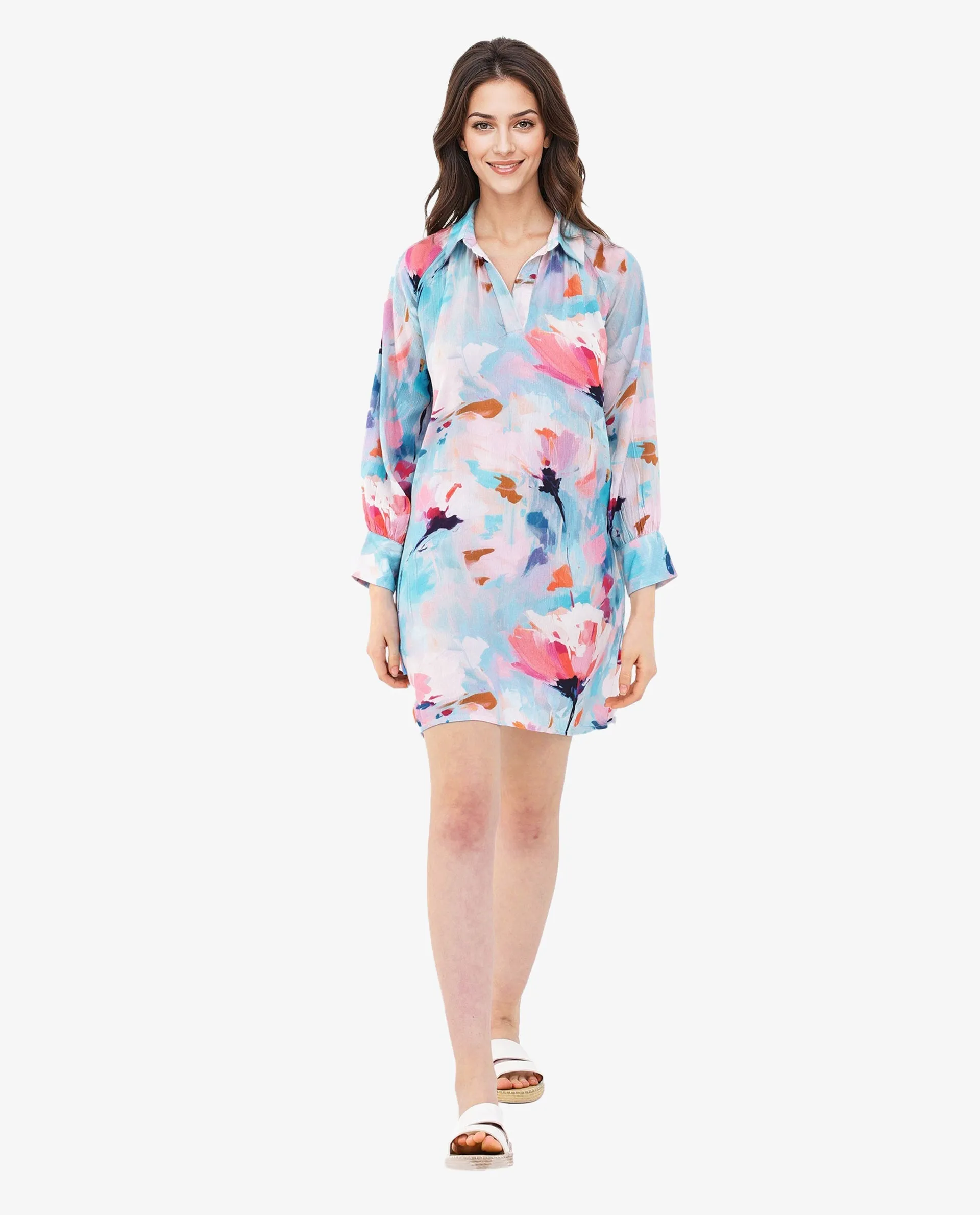 Rareism Women Wadd Flouroscent Multi Viscose Fabric Full Sleeve Collared Neck Button Closure Abstract Print Regular Fit Dress