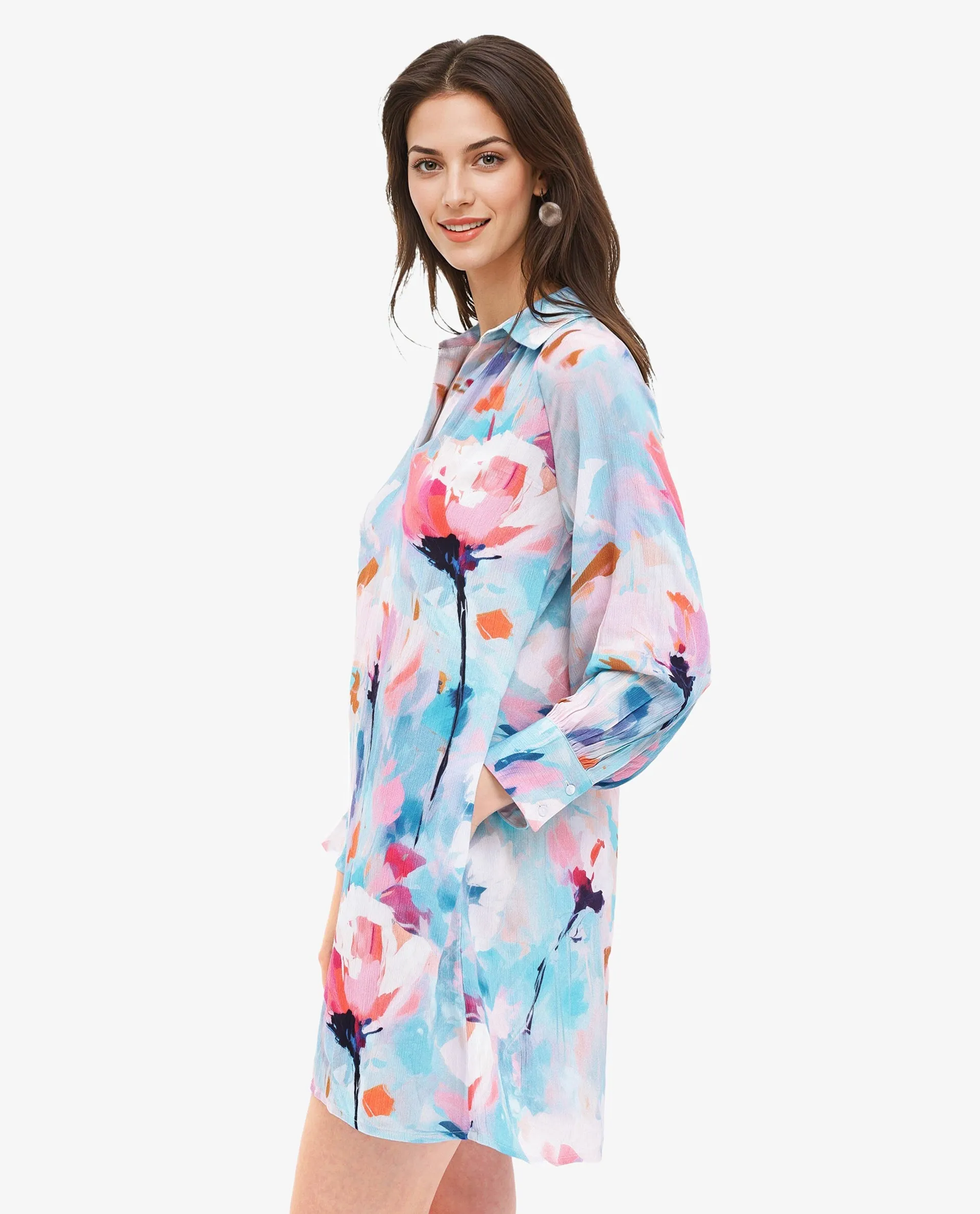 Rareism Women Wadd Flouroscent Multi Viscose Fabric Full Sleeve Collared Neck Button Closure Abstract Print Regular Fit Dress