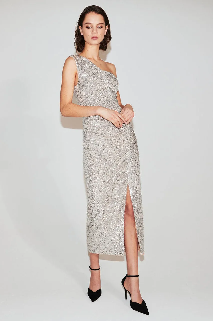 Silver Sequin Gathered Asymmetric Midi Dress