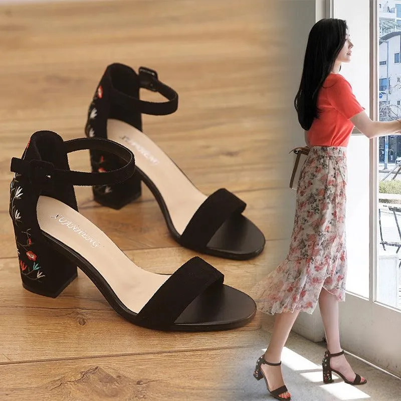 Suede buckle embroidered sandals