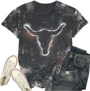 Womens Cow Skull Shirt Cowgirl Country Concert Tshirt Vintage Western Rodeo Graphic Tee Short Sleeve Casual Summer Top