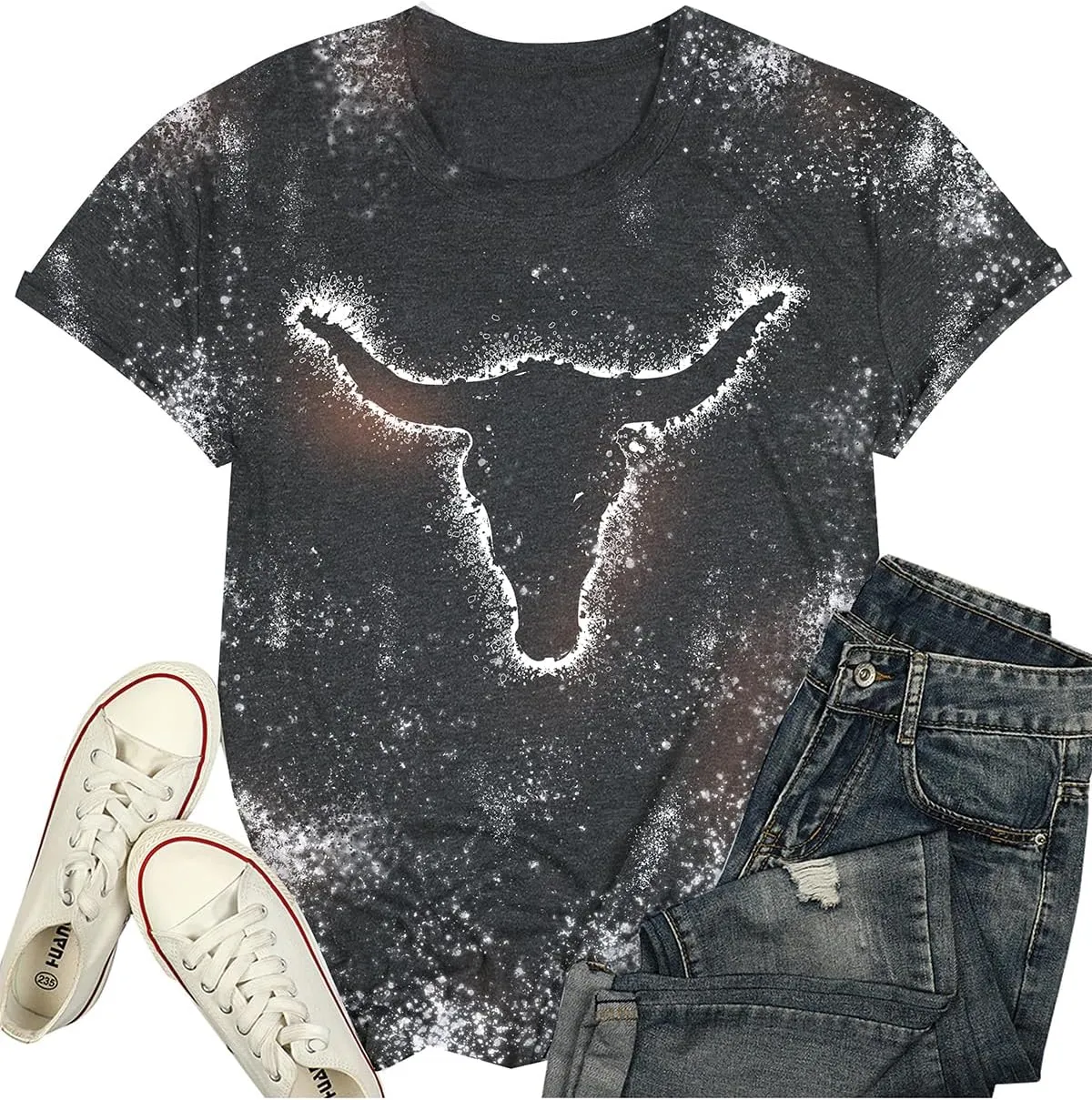 Womens Cow Skull Shirt Cowgirl Country Concert Tshirt Vintage Western Rodeo Graphic Tee Short Sleeve Casual Summer Top